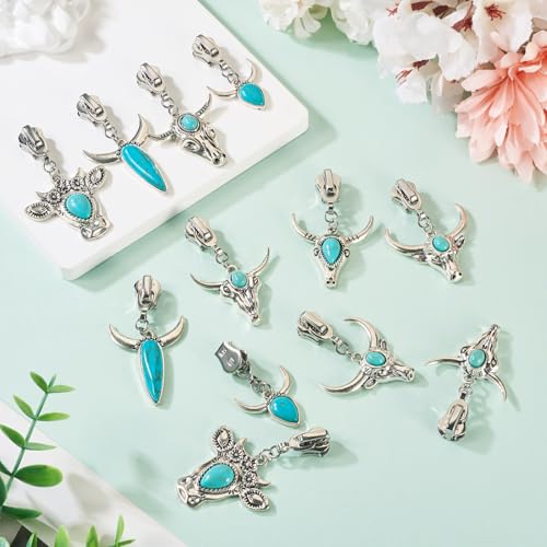 Sparkeads 14Pcs Turquoise Alloy Zipper Replacement Slider,Antique Silver Zippers Sliders for Sewing,Metal Zipper Pull Replacement for DIY Craft Bag Luggage Clothing Wallet Jacket Supplies-Cattle Head - style: Cattle Head