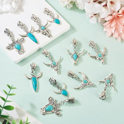 Sparkeads 14Pcs Turquoise Alloy Zipper Replacement Slider,Antique Silver Zippers Sliders for Sewing,Metal Zipper Pull Replacement for DIY Craft Bag Luggage Clothing Wallet Jacket Supplies-Cattle Head - style: Cattle Head