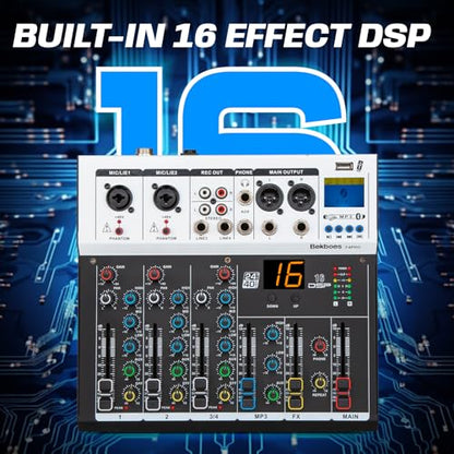 4 Channel Audio Mixer, 16 DSP Effects, 48V Phantom Power F4PRO | Bluetooth & USB connect, 3-band EQ, Real-time Monitoring, for Recording, Podcasting, Live Streaming, and DJ Use.