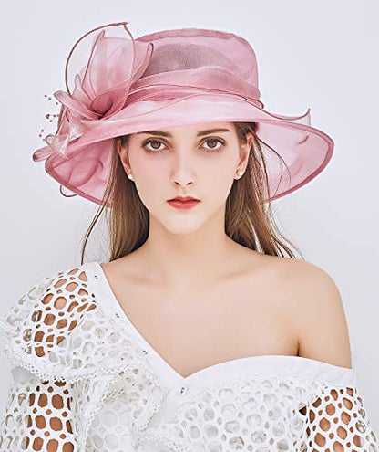 Women Derby Fascinator Hat Organza Church Wedding Hats Wide Brim Cocktail Tea Party Hat - color: 08 Pink