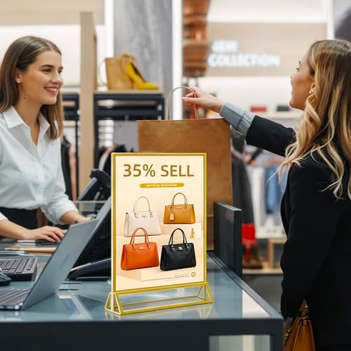 3 Pack Gold Acrylic Sign Holder 8.5 x 11 Inches, Double-Sided Gold Frames | Clear Tabletop Display Stand, Vertical Menu & Flyer Holder for Restaurants, Cafes, Stores, Hotels, Offices, Reception Desk