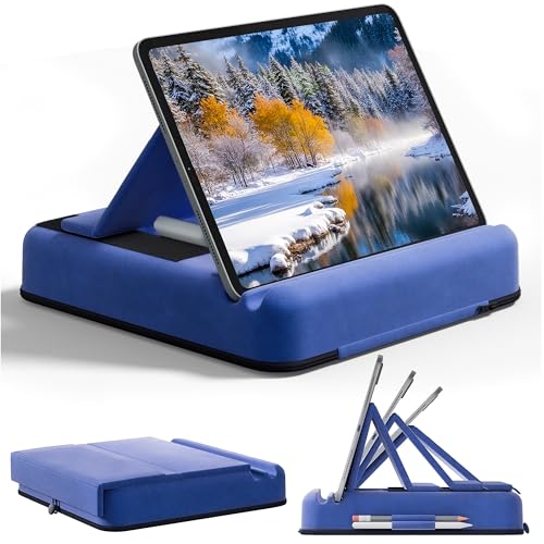 Tablet Pillow Stand, Multi-Angle Foldable iPad Holder for Bed, Sofa, Desk, Lap, Soft Pad Dock with Storage Pocket & Stylus Mount, for 4.7-13" Devices iPad,iPhone,E-Reader,Books (Blue) - color: Blue