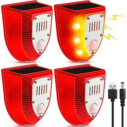 Qualirey 4 Pcs Solar Alarm Motion Detector with Sound Outdoor Motion Sensor 129db Barking Dog Strobe Light Gunshot Sound Alarm Detector Noise Maker Warning Lamp for Home Villa Yard Farm