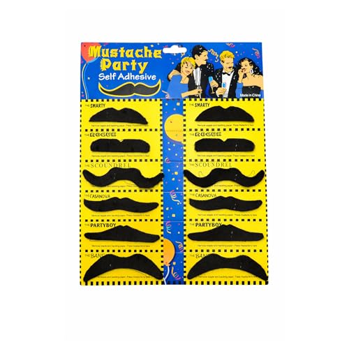 Fake Black Mustaches | Self Adhesive Mustache Set | Easy Peel Mustaches | Costume Mustache | Fake Facial Hair | Novelty Beard Costume Accessory | Theater Costumes Accessories | 12 Count | Black