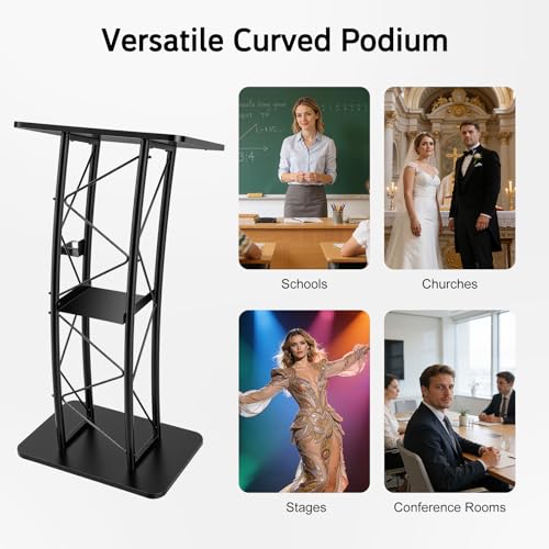 LOYALHEARTDY Black Curved Podium, Truss Metal Pulpit Lectern with A Cup Holder Durable Powder Coat Finish Conference Pulpit Podium for Church School Lectern 47-inch