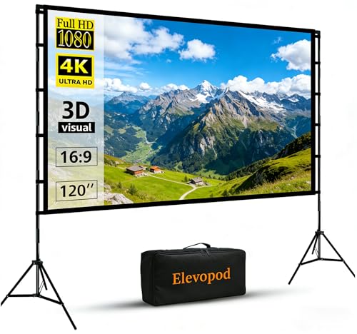 Outdoor Projector Screen with Stand, 120 inch Portable Movie Screen 16:9 Foldable Anti-Crease 4K HD Projection Screen with Carry Bag for Movie Nights, Camping