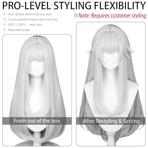 27in/70CM Long Straight White Wig with Bangs Women Halloween COS 60s Men's Hippie Wigs Queen Witch Devil Game Cosplay wig Anime COS Inuya Wigs Christmas,Comic con,Game Show,Party - color: Pure White