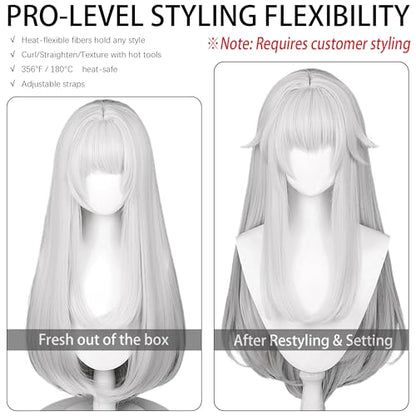 27in/70CM Long Straight White Wig with Bangs Women Halloween COS 60s Men's Hippie Wigs Queen Witch Devil Game Cosplay wig Anime COS Inuya Wigs Christmas,Comic con,Game Show,Party - color: Pure White