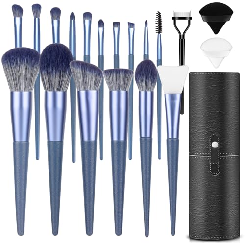 Makeup Brush Set, 17PCs Makeup Brushes with Foundation Eyebrow Blending Concealer Blush Eyeshadow Contour Lash Powder Brush, Make Up Brushes Kit with Organizer Travel Case (Medium, Blue) - color: Blue