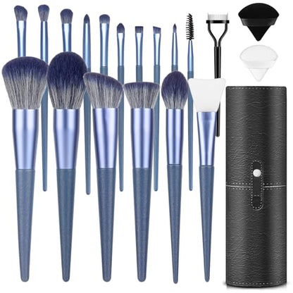 Makeup Brush Set, 17PCs Makeup Brushes with Foundation Eyebrow Blending Concealer Blush Eyeshadow Contour Lash Powder Brush, Make Up Brushes Kit with Organizer Travel Case (Medium, Blue) - color: Blue