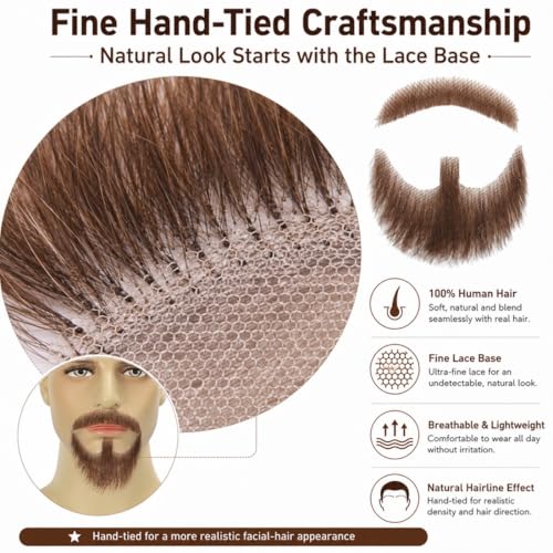 Hand-Tied Human Hair Fake Beard and Mustache for Costumes and Theater | Hand-knotted human hair on lightweight lace creates natural-looking facial hair for costumes, cosplay, theater and film - color: Style 1--brown