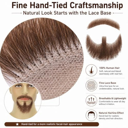 Hand-Tied Human Hair Fake Beard and Mustache for Costumes and Theater | Hand-knotted human hair on lightweight lace creates natural-looking facial hair for costumes, cosplay, theater and film - color: Style 1--brown