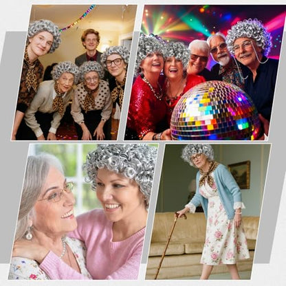 8pcs Old Lady Wig Costume Set for Halloween Party | 100th Days of School Costume, Gray Hair Wig, Pearl Necklace, Glasses, Glasses Chain, Bracelet, Bandana, Earrings, Hair Net