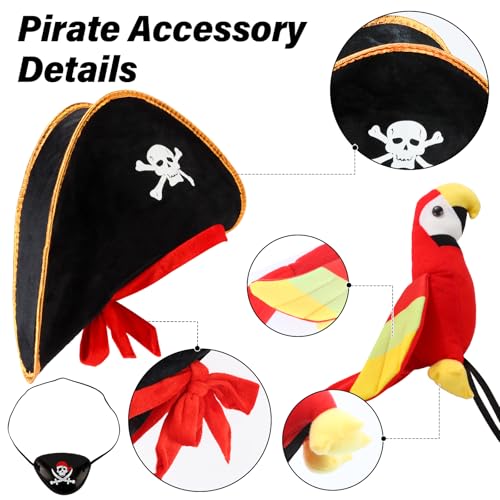 CUBACO Pirate Hat Costume for Cospaly, 3PCS Captain Hat Set Parrot Costume Adult Eye Patch Pirate Accessories Gift for Women Men Halloween School Shows and Theater Performance