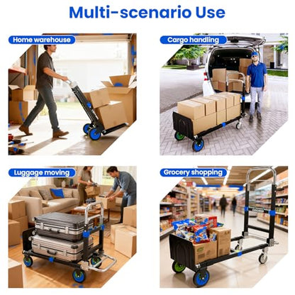 3-in-1 Folding Hand Truck, 600lb Convertible 4 to 2 Wheel Dolly Cart Blue | For home office warehouse garage farm gym, carbon steel frame, base expands 35-44in, swivel rubber wheels, folds flat - color: Blue