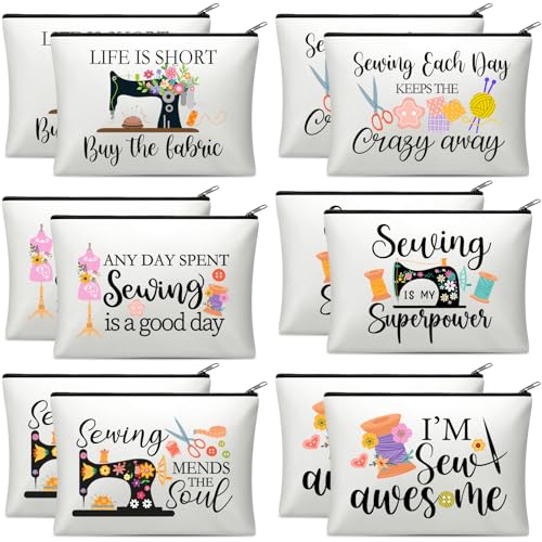 Reginary 12 Pcs Sewing Gifts for Quilters Sewing Makeup Bags | Quilt Cosmetic Travel Bags, Organizer Toiletry Zipper Pouches for Women Mother Grandma Wife, Friends Christmas Birthday Gifts - style: Sewing