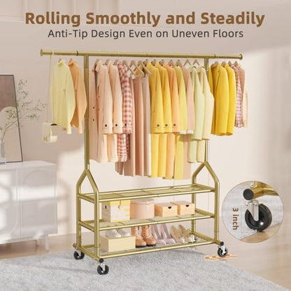 EAGMAK Heavy Duty Clothes Rack Load 688 LBS, Rolling Clothing Rack With 3 Shelves, Adjustable Metal Clothes Hanger with Wheels Portable Wardrobe Organizer Garment Rod for Hanging Clothes (Gold) - color: Gold, style: 3 Shelves