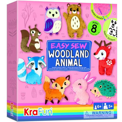 KRAFUN Woodland Animal Sewing Kit for Kids Ages 6+ | 8 Dolls | Sew 8 woodland animals: Bear, Bunny, Fox & Owl. Instructions & felt included. Beginner gift for girls & boys - color: Woodland Animal