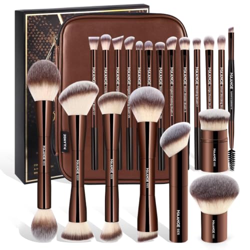 MAANGE 20 PCS Makeup Brush Set with Bag, Double-ended Kabuki Brush Foundation Contour Brush for Liquid Powder Concealer Eye Shadows Cream Cosmetics Blending Blush Face Makeup Tools with Case (Coffee) - color: Coffee