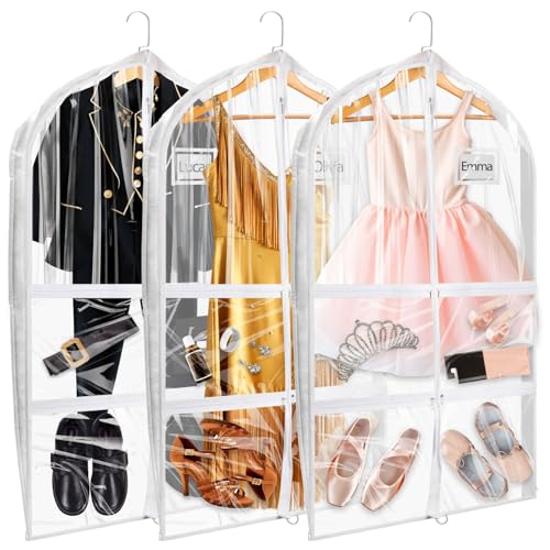 Garment Bags for Dance Costumes, 40in Kids Clear 5-Pocket 3-Pack | Upgraded 40 inch clear white, 5 zipper pockets, for dance costumes/cheer/ballet/travel, 3-pack, hanging storage.