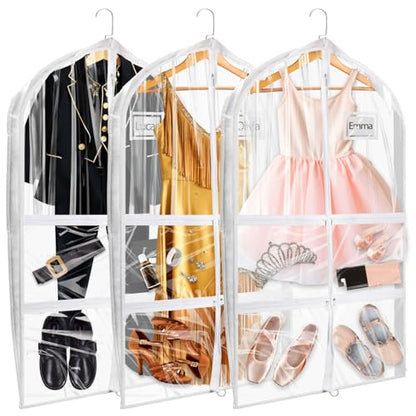 Garment Bags for Dance Costumes, 40in Kids Clear 5-Pocket 3-Pack | Upgraded 40 inch clear white, 5 zipper pockets, for dance costumes/cheer/ballet/travel, 3-pack, hanging storage.