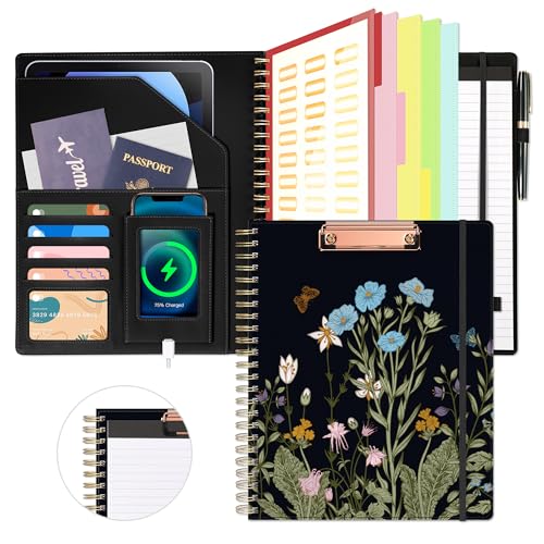 Ospelelf Clipboard with Storage for Women, Leather Padfolio Portfolio Organizer 5 Folders with 10 Pockets, Spiral Clipboard Folio with Notepad for Letter Size, Elastic Closure and Pen Loop Floral - color: Moonlit Blossoms