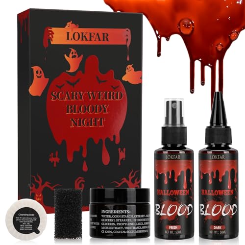6 IN 1 Fake Blood Kit，Fake Blood 1.69oz X2 + Coagulated Blood 1.41oz+Spray Head+Dripping Head+Soap+Sponge【Washable】【Realistic Effect】【Skin Friendly】Professional Fake Blood Makeup Kit，Fresh+Dark - color: Fresh+Dark+Coagulated Blood