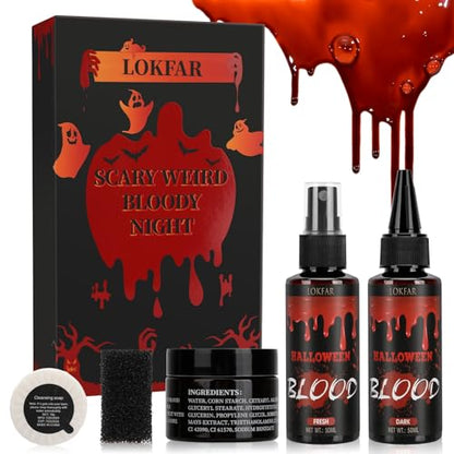 6 IN 1 Fake Blood Kit，Fake Blood 1.69oz X2 + Coagulated Blood 1.41oz+Spray Head+Dripping Head+Soap+Sponge【Washable】【Realistic Effect】【Skin Friendly】Professional Fake Blood Makeup Kit，Fresh+Dark - color: Fresh+Dark+Coagulated Blood