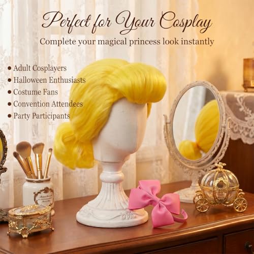 Yellow Costume Wig with Matching Bow Headband for Halloween Cosplay | Accessories Kit, for Women Costume and Themed Parties, Sythetic Fiber, Wig Cap Included