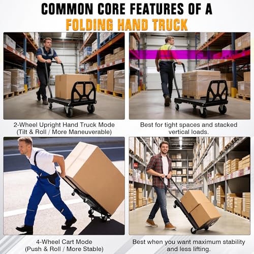 Folding Hand Truck with 4-Wheel Mode, 2 in 1 Collapsible Push Cart & Fold-Up Toe Plate – 300lbs Heavy Duty Dolly Pull Cart with Wheels Portable Hand Truck for delivery, Warehouse & Moving