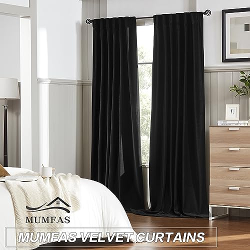 MUMFAS Velvet Blackout Curtains 84 Inches Long for Bedroom Office, Back Tab Rod Pocket Dark Out Heat Blocking Living Room Curtains 52 by 84 Inch 7 FT Length, 2 Panels, Black - color: Black, size: 52"W x 84"L (Pack of 2)