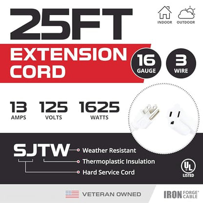 Iron Forge Cable 16 Gauge Heavy Duty White Extension Cord, 25 Ft - SJTW | 16/3 SJTW Cable, 3 Prong Grounded Plug, 13 Amp - For Landscaping, Leaf Blowers, Lights, Appliances - size: 25 Foot
