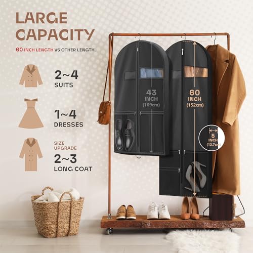 Lazebox 60 inch Garment Bags for Closet Storage and Travel with Zipper Pocket, Heavy Duty Waterproof Hanging Suit Bag with Handles for Suits, Coats, Jackets, Shirts, 1 pack - size: 60inch-1 Pack-black