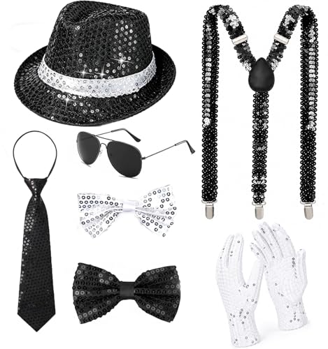7PCS Pop Star Costume 70s 80s Disco Rock Super Star Dance Cosplay Accessories - Gloves Hat Sunglasses Tie Sequin Strap - color: Black