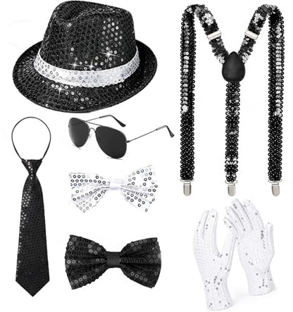7PCS Pop Star Costume 70s 80s Disco Rock Super Star Dance Cosplay Accessories - Gloves Hat Sunglasses Tie Sequin Strap - color: Black