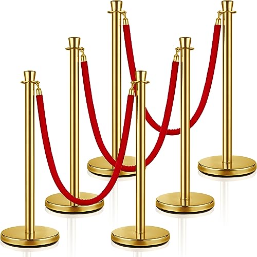 Wesiti 6 Pcs Stainless Steel Stanchion Post Queue, 5ft Red Velvet Rope Red Carpet Ropes and Poles Stanchions and Velvet Ropes Gold Stanchions with Red Rope Crowd Control Barriers for Party Supplies - color: Gold