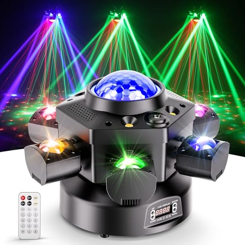 Moving Head DJ Lights, 120W 6-Arm RGBW 4-in-1 Stage Lights with Kaleidoscope Magic Ball Effect, Red/Green Starry Laser, White/Golden Strobe, 540° Rotation, DMX512 Remote Control for Wedding Club Party