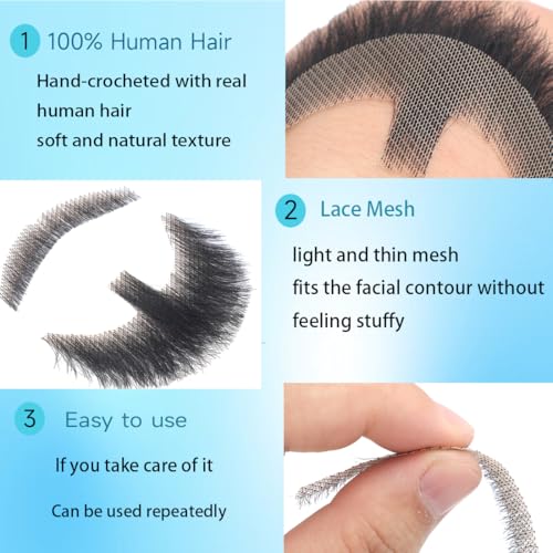 Hand-Tied Human Hair Fake Beard and Mustache for Costumes and Theater | Hand-knotted human hair on lightweight lace creates natural-looking facial hair for costumes, cosplay, theater and film - color: Style 1--black