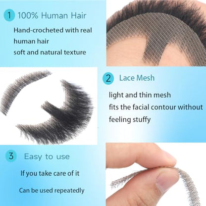 Hand-Tied Human Hair Fake Beard and Mustache for Costumes and Theater | Hand-knotted human hair on lightweight lace creates natural-looking facial hair for costumes, cosplay, theater and film - color: Style 1--black