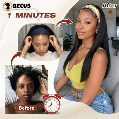 BECUS 20" Straight Headband Wig Natural Black Everyday Style - color: A-Straight Black, size: 20 Inch
