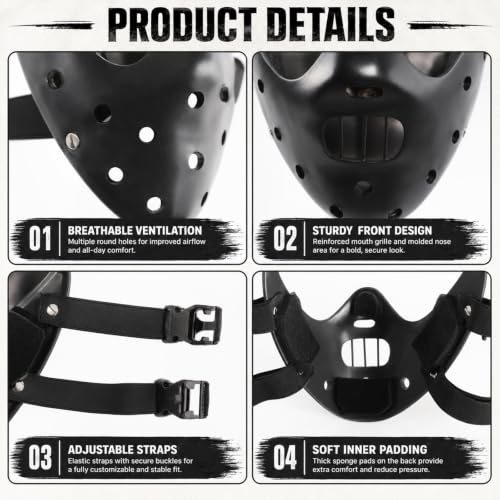 Hannibal Lecter Mask Cosplay The Silence of The Lambs Half Face Resin Mask | Halloween Costume Prop, Durable Resin, Sponge Pads, Adjustable Buckle Straps, Open Mouth Cage, Adult, for Role Play Party - color: Black