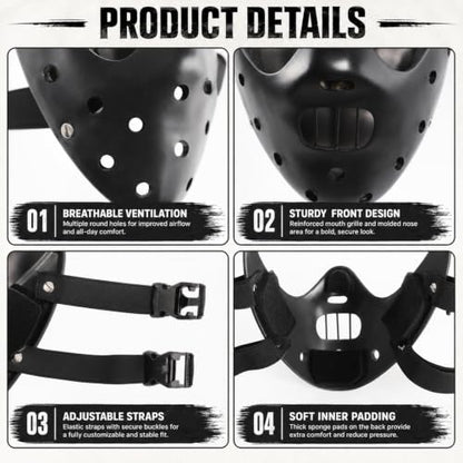 Hannibal Lecter Mask Cosplay The Silence of The Lambs Half Face Resin Mask | Halloween Costume Prop, Durable Resin, Sponge Pads, Adjustable Buckle Straps, Open Mouth Cage, Adult, for Role Play Party - color: Black