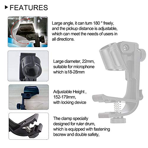 Adjustable Drum Rim Mic Clips, Microphone Mount Clamp (Pack of 2) | Rim-Mount Mic Clips Position Microphones Without a Floor Stand, Check Drum Rim and Microphone Fit Before Purchase