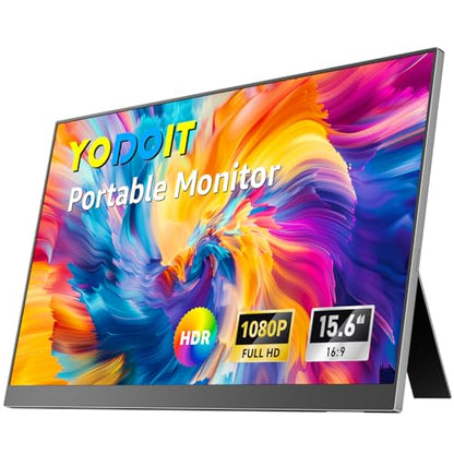 Yodoit Portable Monitor for Laptop, 15.6" 1920×1080 FHD IPS Travel Screen Display with Built-in Adjustable Stand Dual Speakers for MacBook PC Xbox (Black) - size: 15.6 inch Kickstand