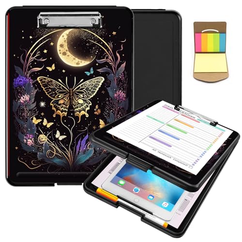 Clipboard with Storage,Heavy Duty Clip Boards 8.5X11 with Storage Pen Holder,Plastic Nursing Clipboards Foldable, A4 Legal Size Coaches Nurse Clipboard Folder Case-Butterfly Flowers & Gold Moon - color: Butterfly Flowers & Gold Moon