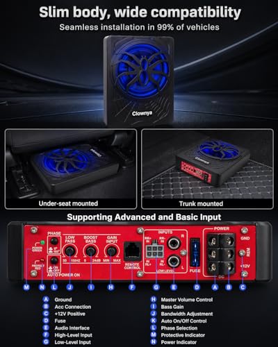 10" 1200W Slim Under-Seat Powered Car Subwoofer with Built-in Amp | Aluminum enclosure, high and low level RCA and speaker inputs, wired remote control, blue LED light, fits truck SUV Jeep MPV