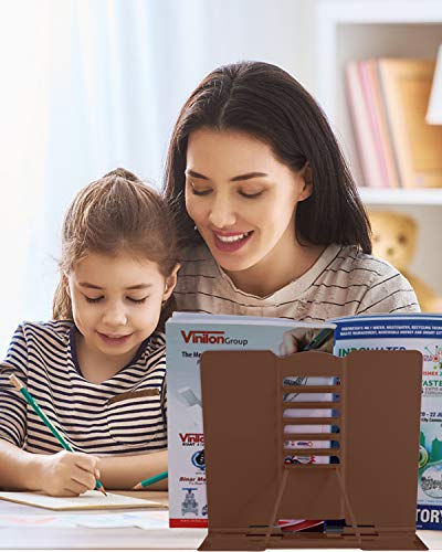 MSDADA Desk Book Stand Metal Reading Rest Book Holder Adjustable | Cookbook Documents Holder Portable Sturdy Bookstands for Recipes Textbooks Tablet Music Books with Page Clips (Brown) - color: Brown
