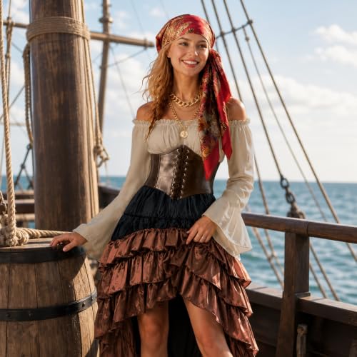 Pirate Costume Women Outfits Renaissance Halloween Costume | Also dress up for Steampunk / Renaissance/ Gypsy Costume - color: Brown, size: Small