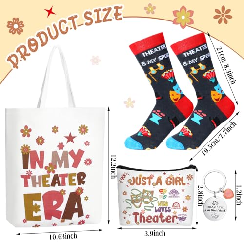 104 Pcs Theater Gifts Set for Women Men Aesthetic Waterproof Stickers Socks Canvas Tote Bag Makeup Bag Keychain for Theaters Lovers Music Actor Actress Theatre Mask Presents Prom Gift
