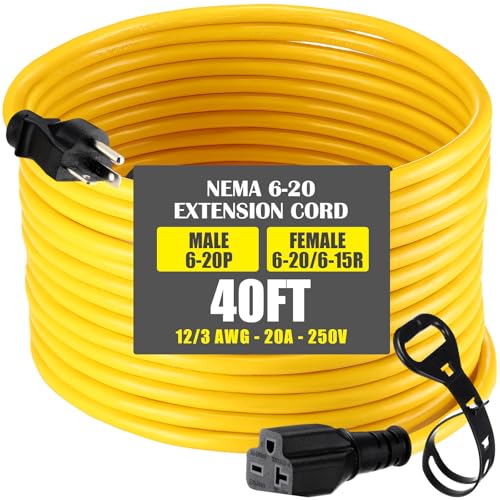 40 ft Nema 6-20 Extension Cord, Nema 6-20p Male Plug to 6-20r/6-15r Female Receptacle, 20 Amp T-Blade Outlet Extension Power Cord with Waterproof Sockets, Heavy Duty 12/3 Awg, 250v, 5000w - size: 40 ft